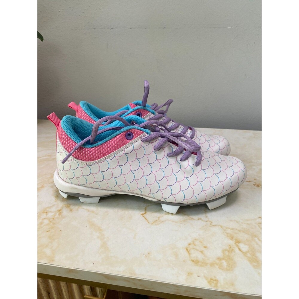 Ringor Flite Molded Girls Softball Cleats-Pink/Teal-with Pitching Toe-Size 4Y